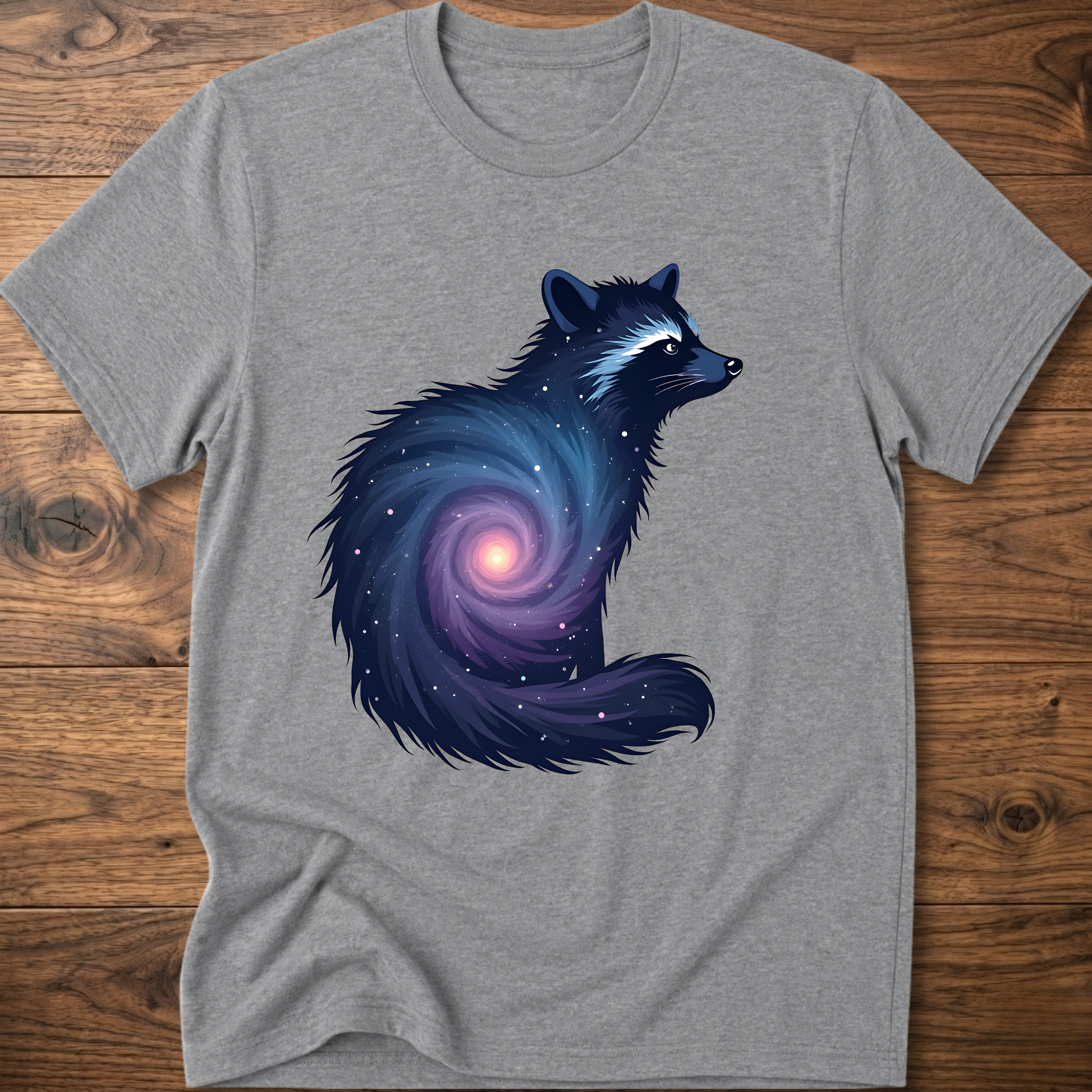 Sport grey crew-neck T-shirt with dark cosmic raccoon graphic on front.
