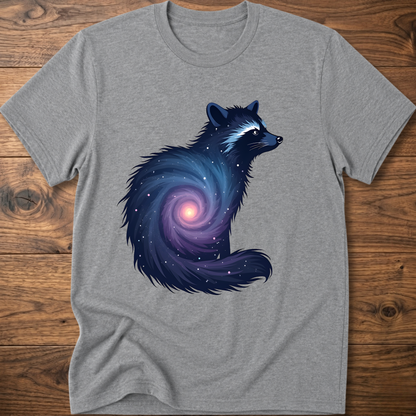 Sport grey crew-neck T-shirt with dark cosmic raccoon graphic on front.