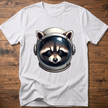 White crew-neck t-shirt with astronaut raccoon head graphic