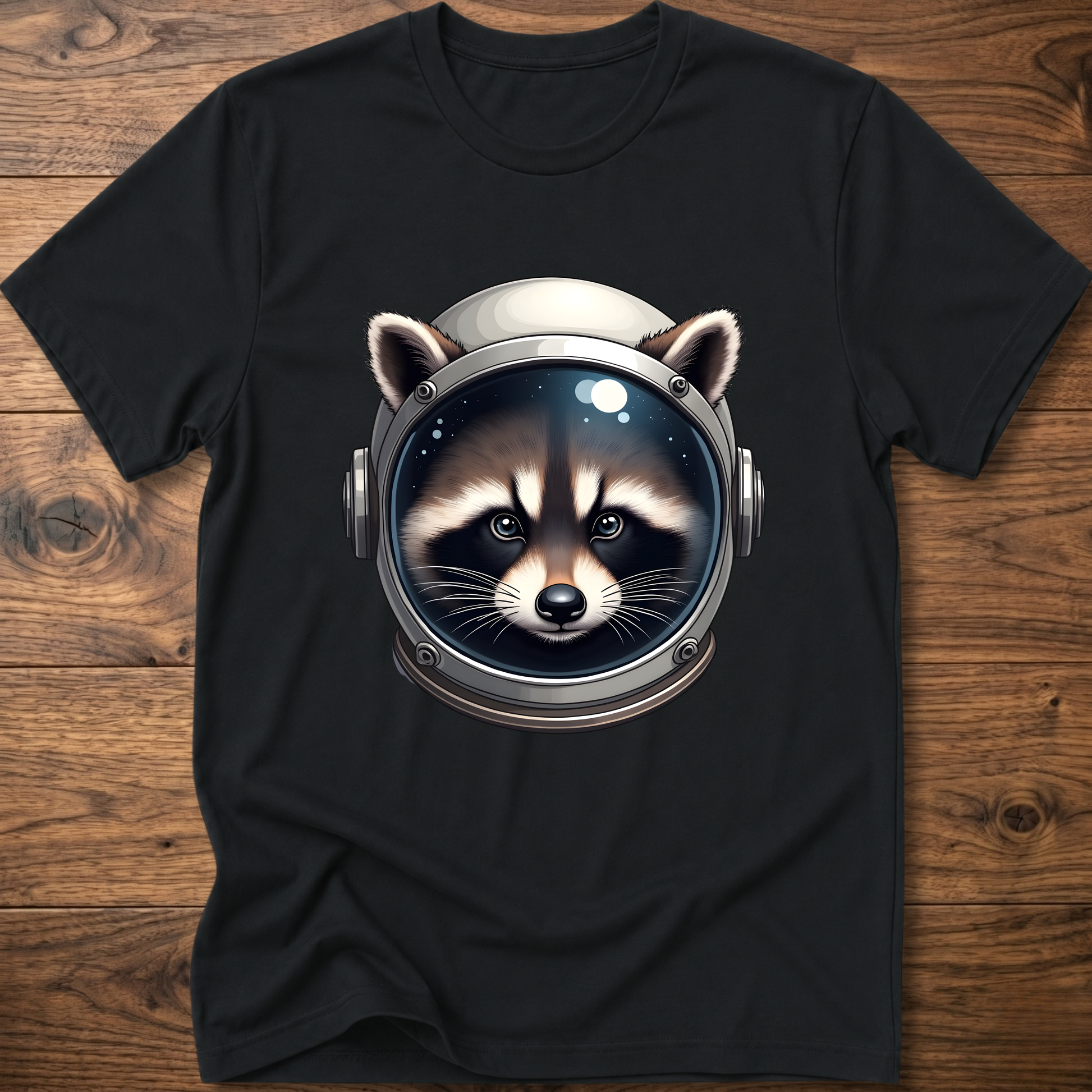 Black crew-neck t-shirt with astronaut raccoon head graphic