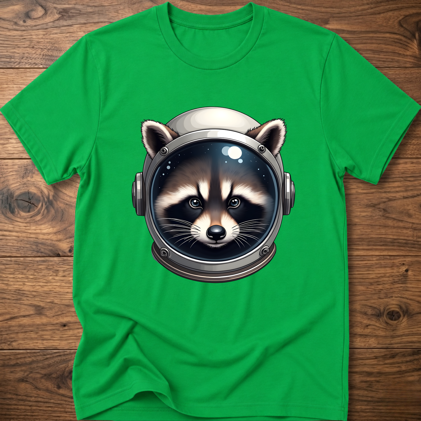 Irish green crew-neck t-shirt with astronaut raccoon head graphic