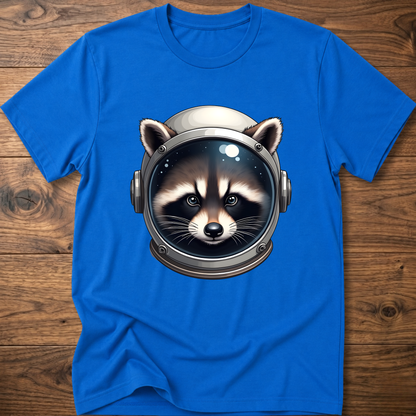 Royal blue crew-neck t-shirt with astronaut raccoon head graphic