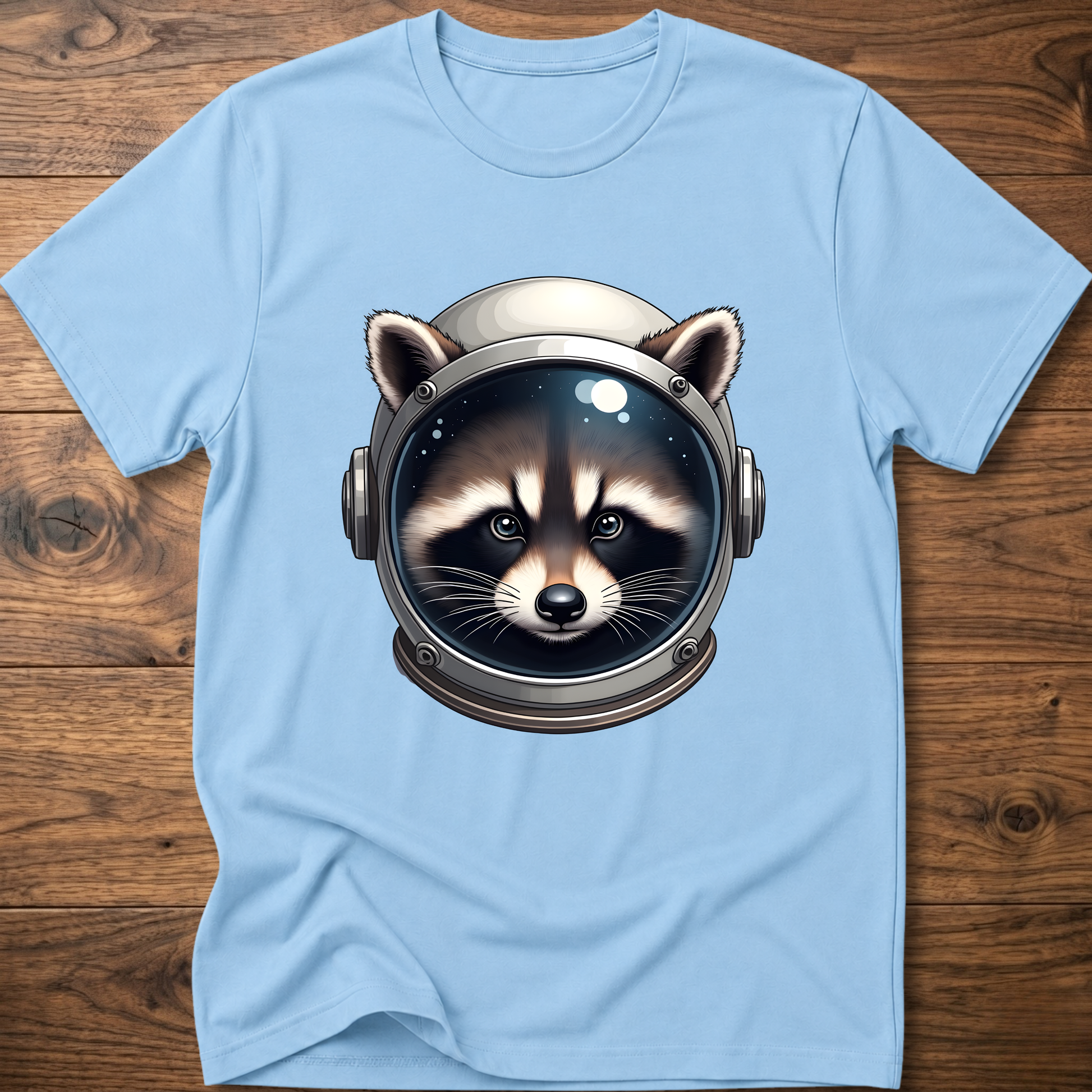 Light blue crew-neck t-shirt with astronaut raccoon head graphic