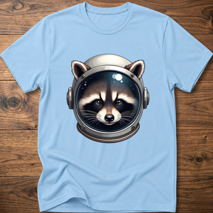 Light blue crew-neck t-shirt with astronaut raccoon head graphic