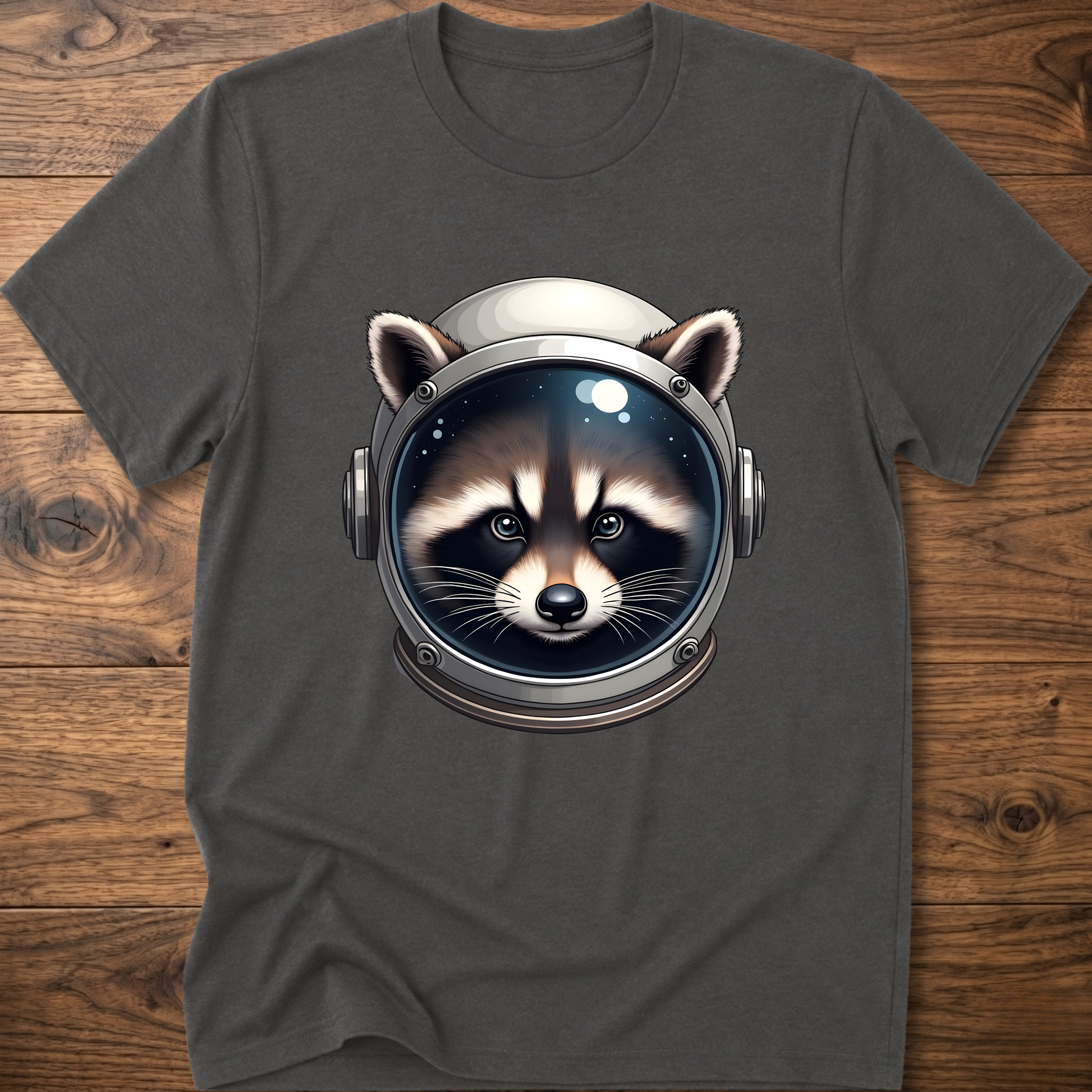 Charcoal crew-neck t-shirt with astronaut raccoon head graphic