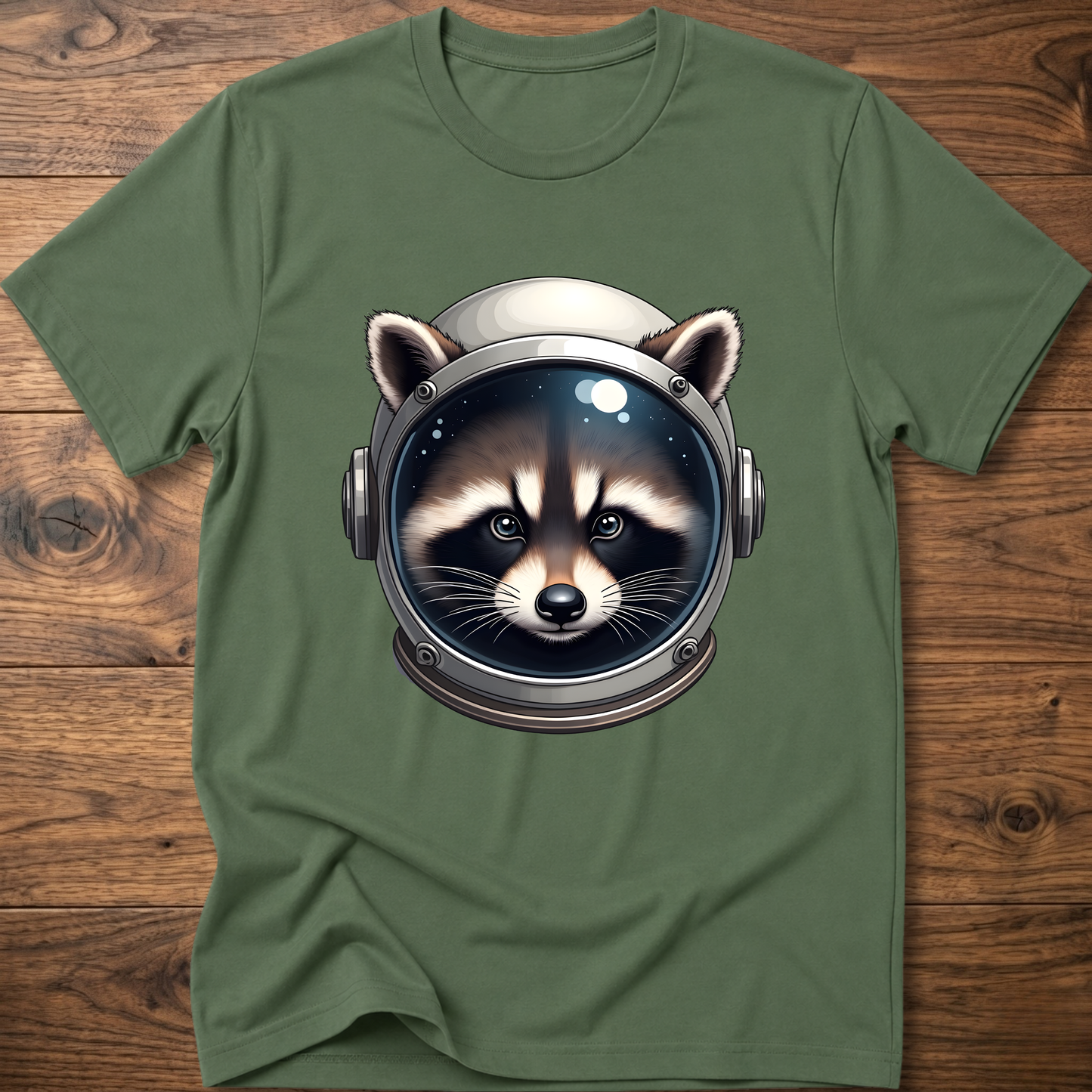 Military green crew-neck t-shirt with astronaut raccoon head graphic