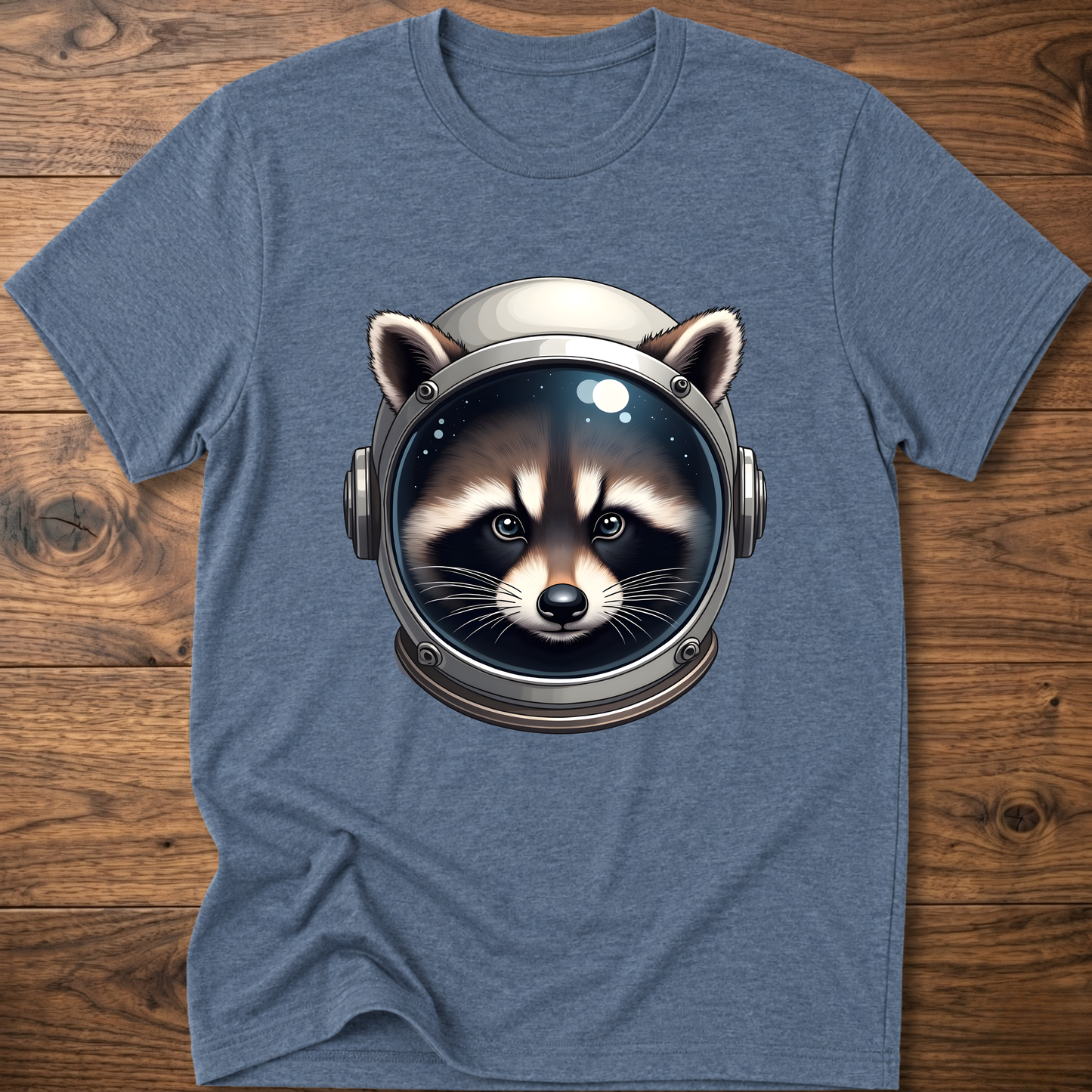 Heather blue crew-neck t-shirt with astronaut raccoon head graphic