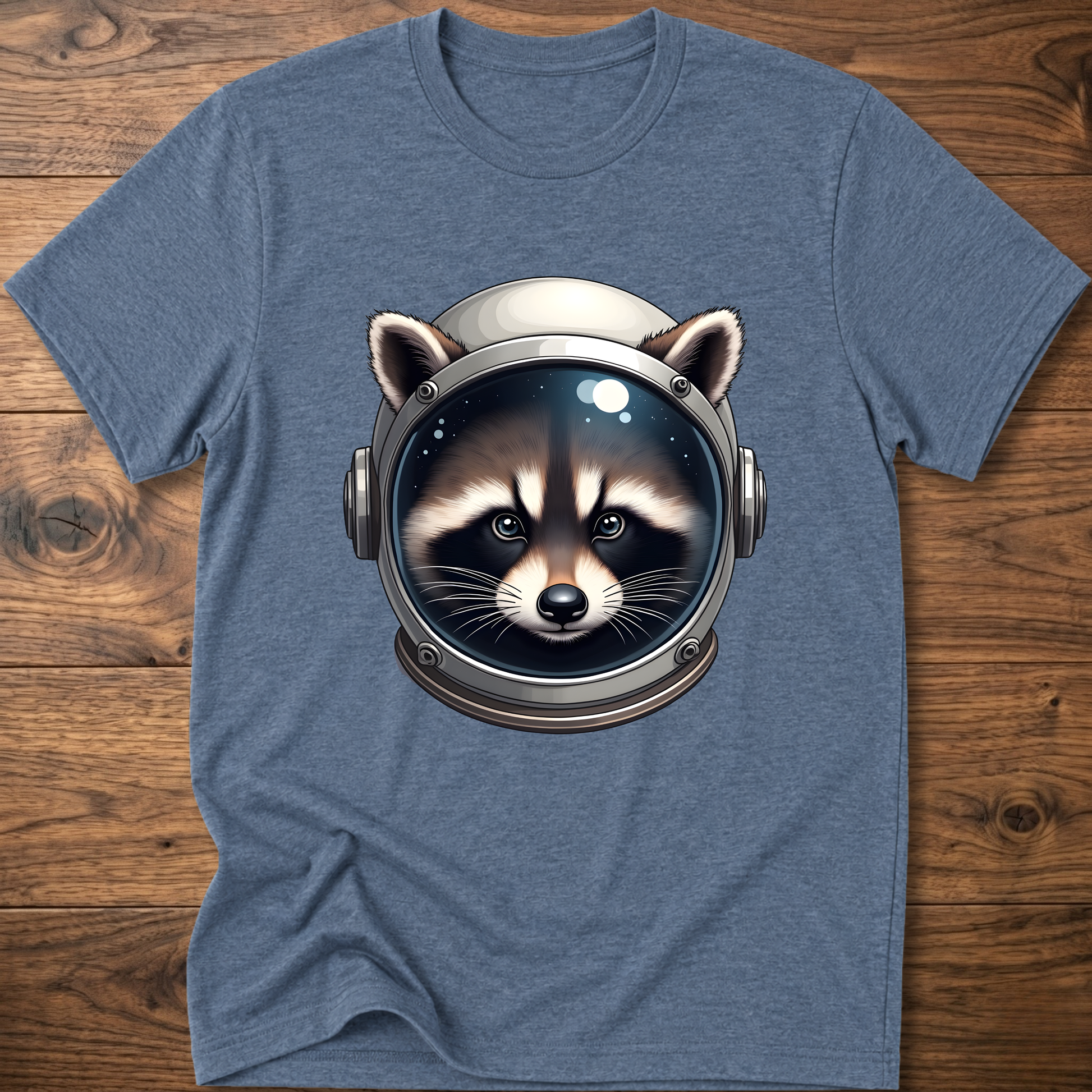 Heather blue crew-neck t-shirt with astronaut raccoon head graphic