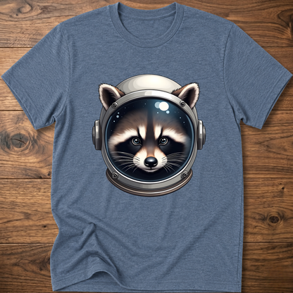 Heather blue crew-neck t-shirt with astronaut raccoon head graphic