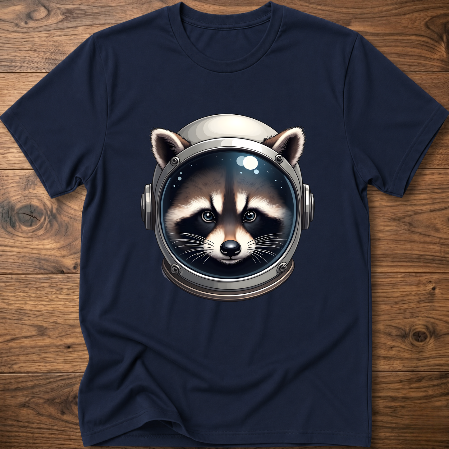 Navy crew-neck t-shirt with astronaut raccoon head graphic