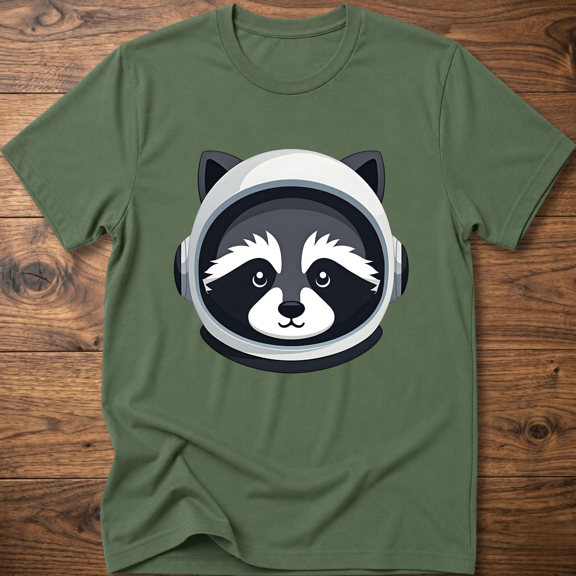 Military green raccoon astronaut t-shirt with large front helmet graphic