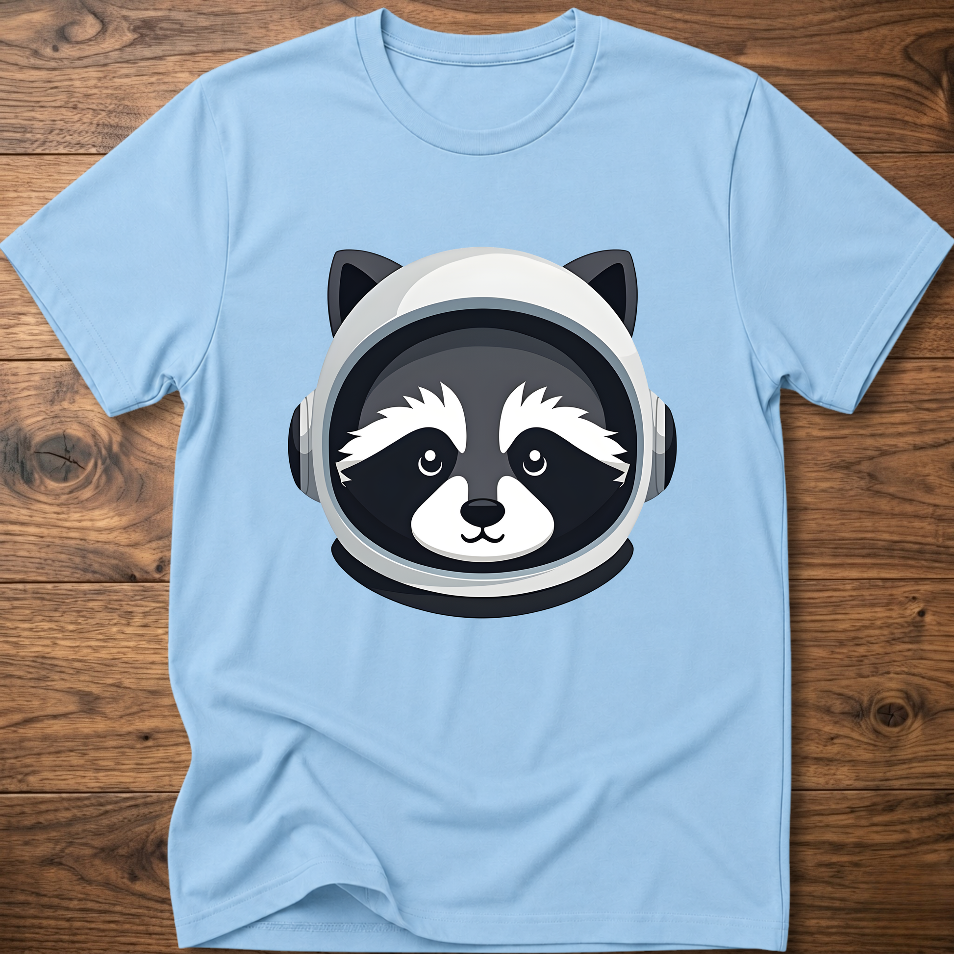 Light blue raccoon astronaut t-shirt with large front helmet graphic