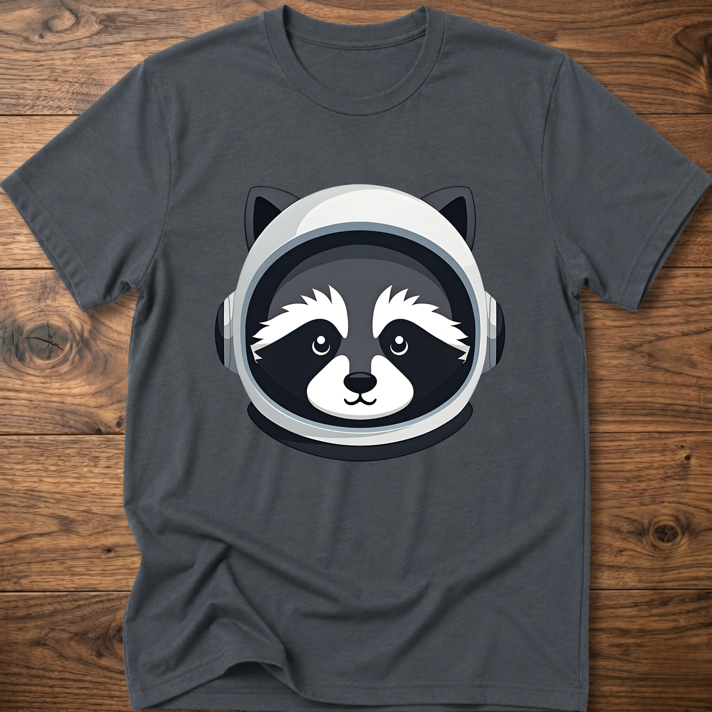 Dark heather gray raccoon astronaut t-shirt with large front helmet graphic