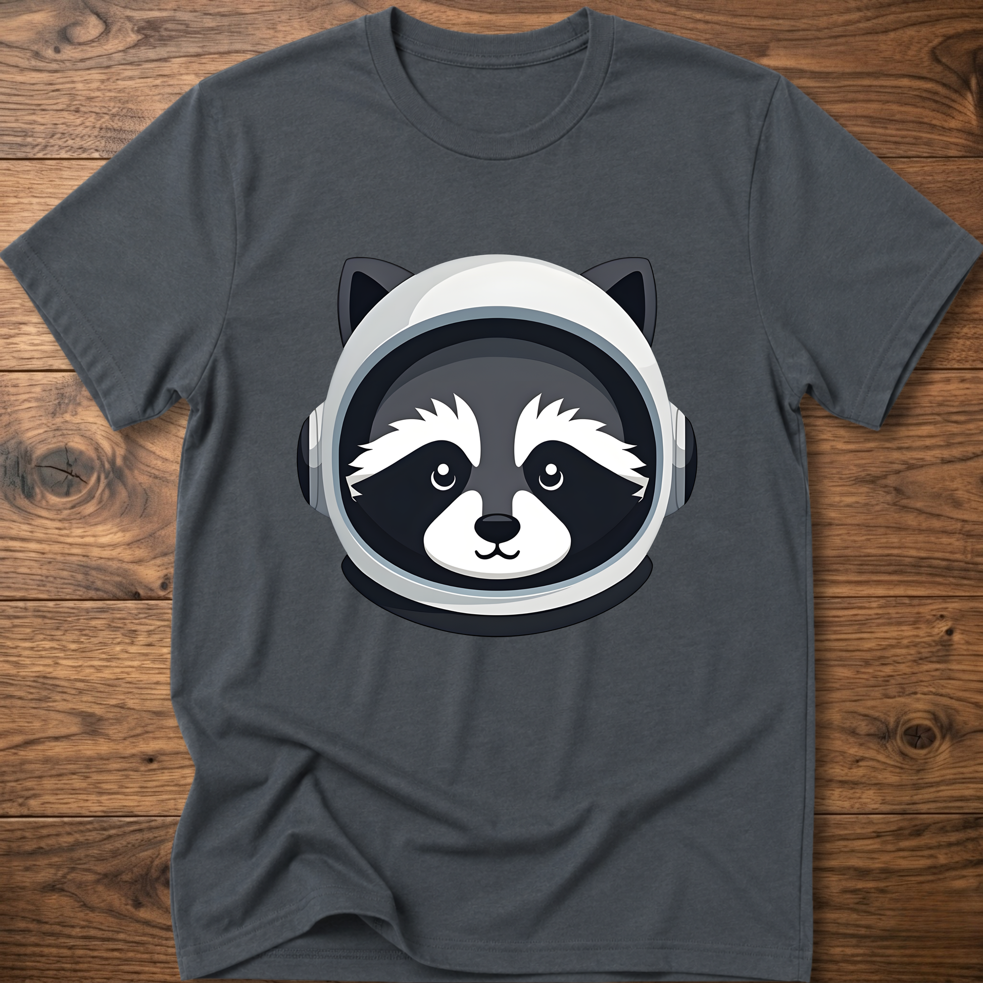 Dark heather gray raccoon astronaut t-shirt with large front helmet graphic