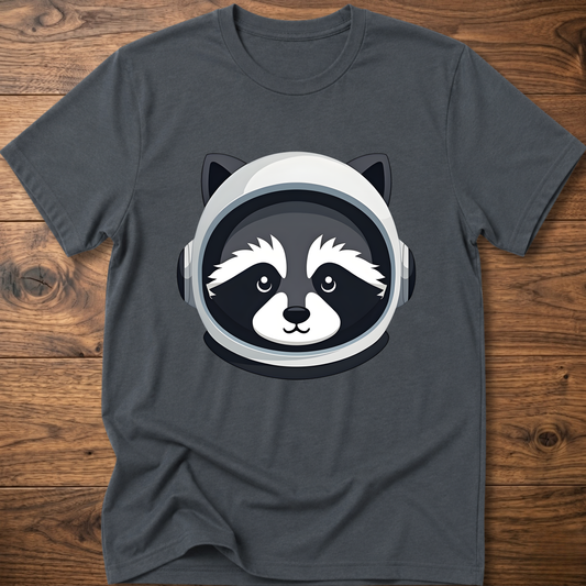 Dark heather gray raccoon astronaut t-shirt with large front helmet graphic