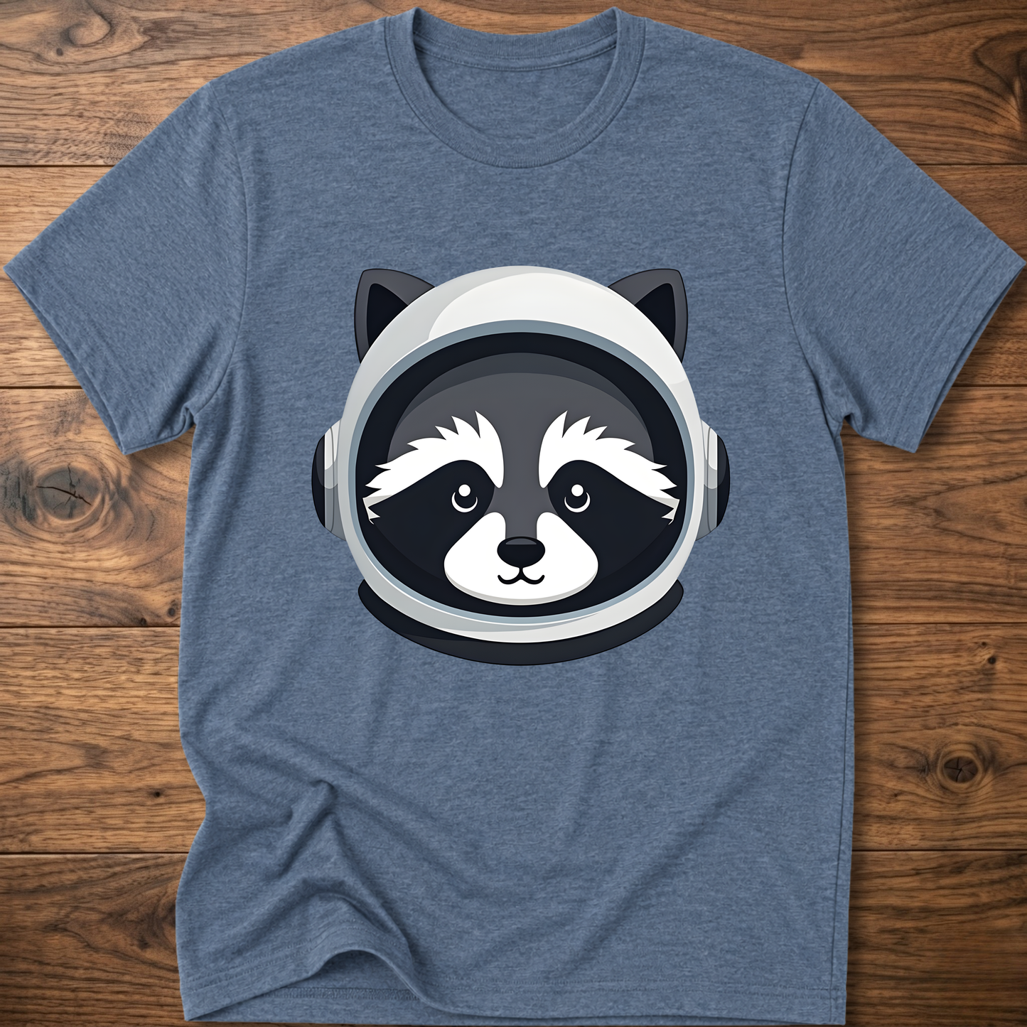 Heather blue raccoon astronaut t-shirt with large front helmet graphic