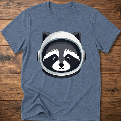 Heather blue raccoon astronaut t-shirt with large front helmet graphic