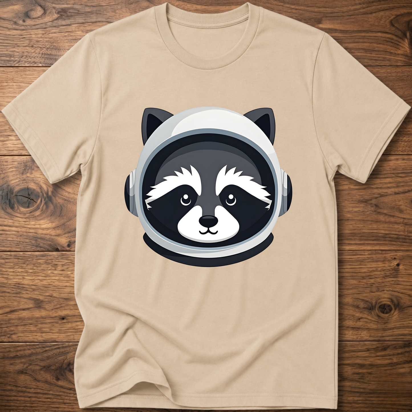 Sand raccoon astronaut t-shirt with large front helmet graphic