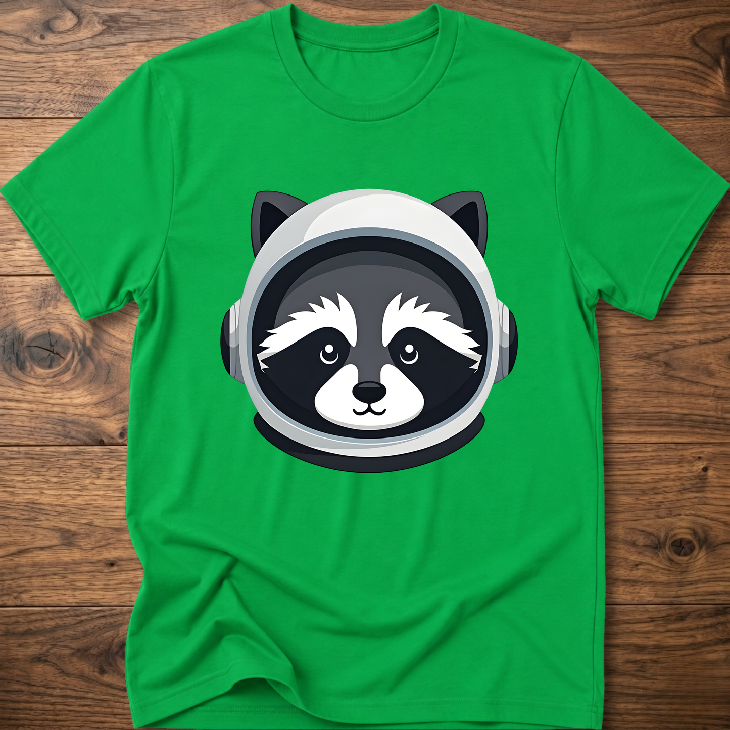 Green raccoon astronaut t-shirt with large front helmet graphic