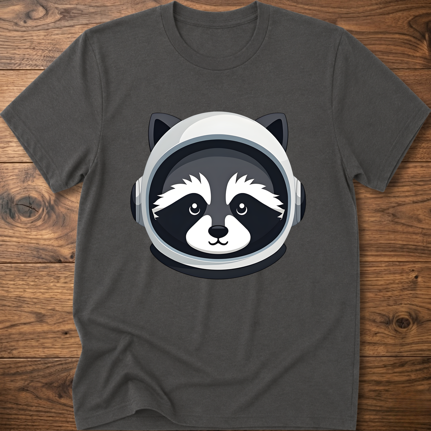 Charcoal raccoon astronaut t-shirt with large front helmet graphic
