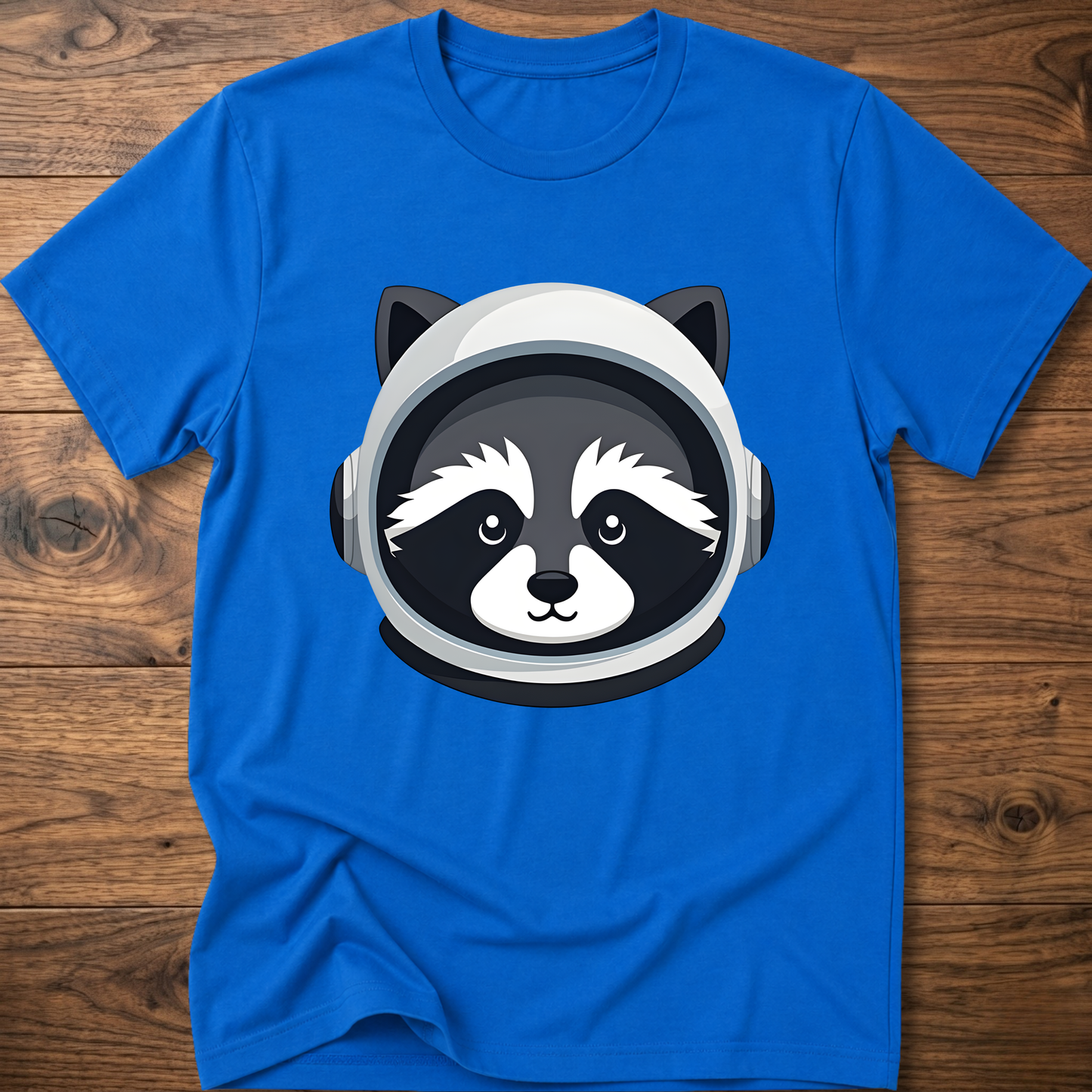 Royal blue raccoon astronaut t-shirt with large front helmet graphic