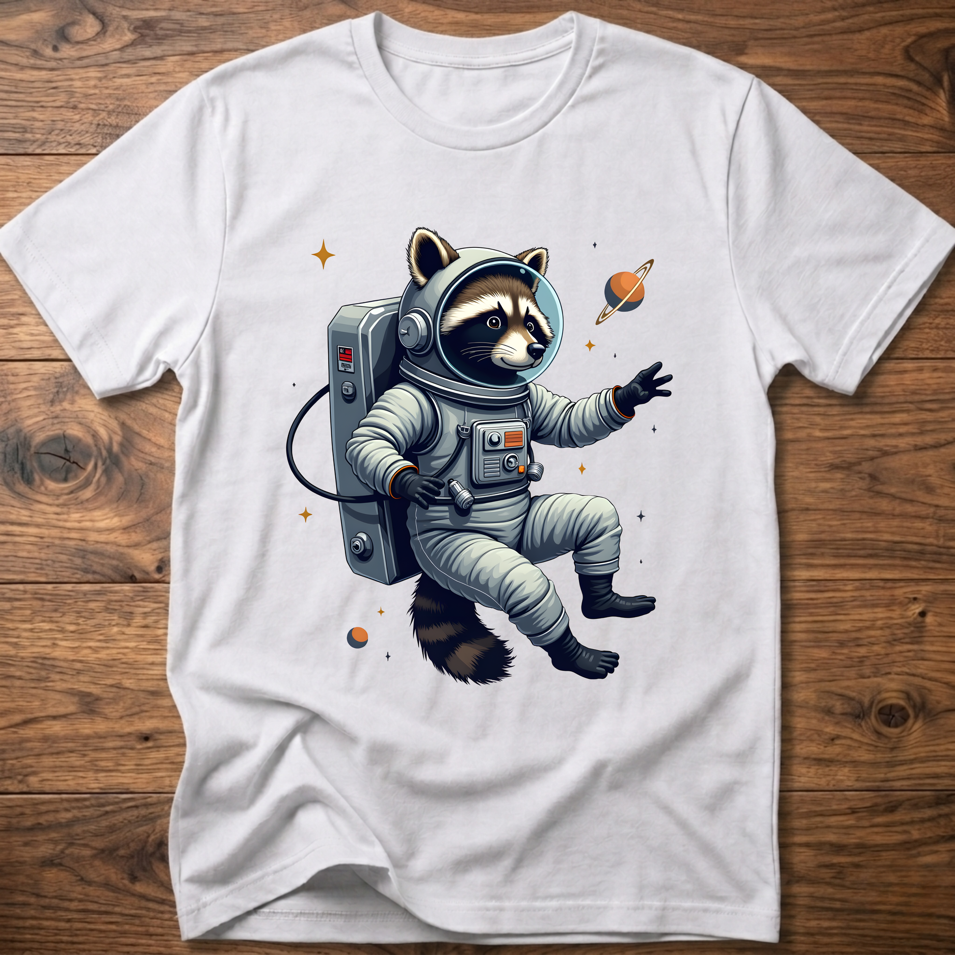 White crewneck T-shirt with astronaut raccoon space graphic