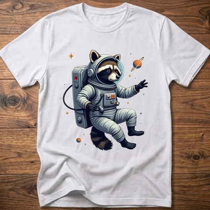 White crewneck T-shirt with astronaut raccoon space graphic
