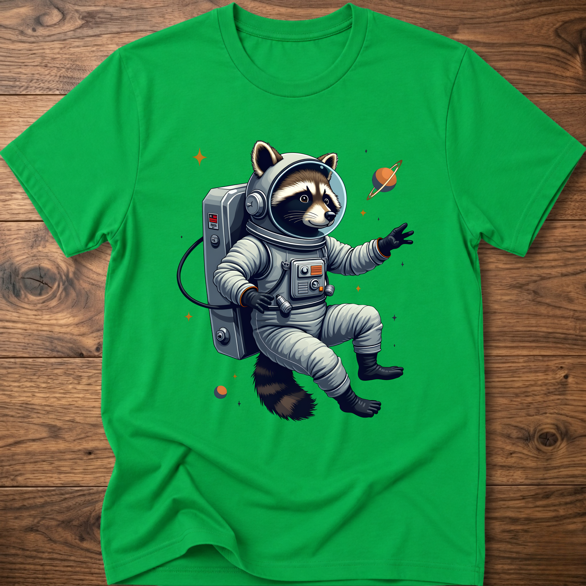 Irish green crewneck T-shirt with astronaut raccoon space graphic