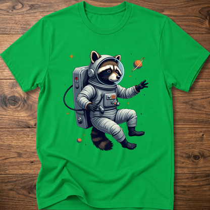 Irish green crewneck T-shirt with astronaut raccoon space graphic