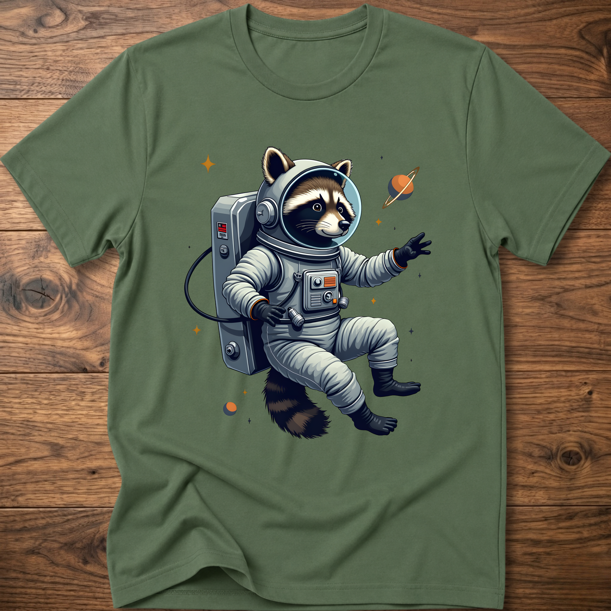Military green crewneck T-shirt with astronaut raccoon space graphic
