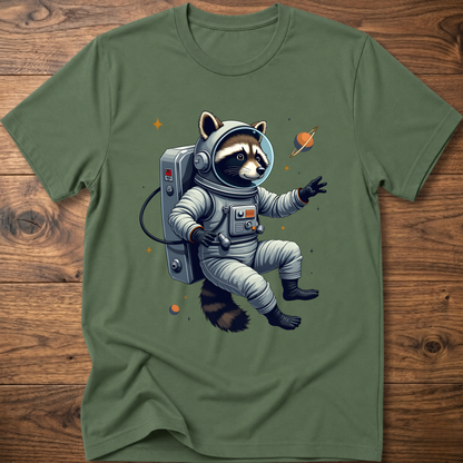 Military green crewneck T-shirt with astronaut raccoon space graphic