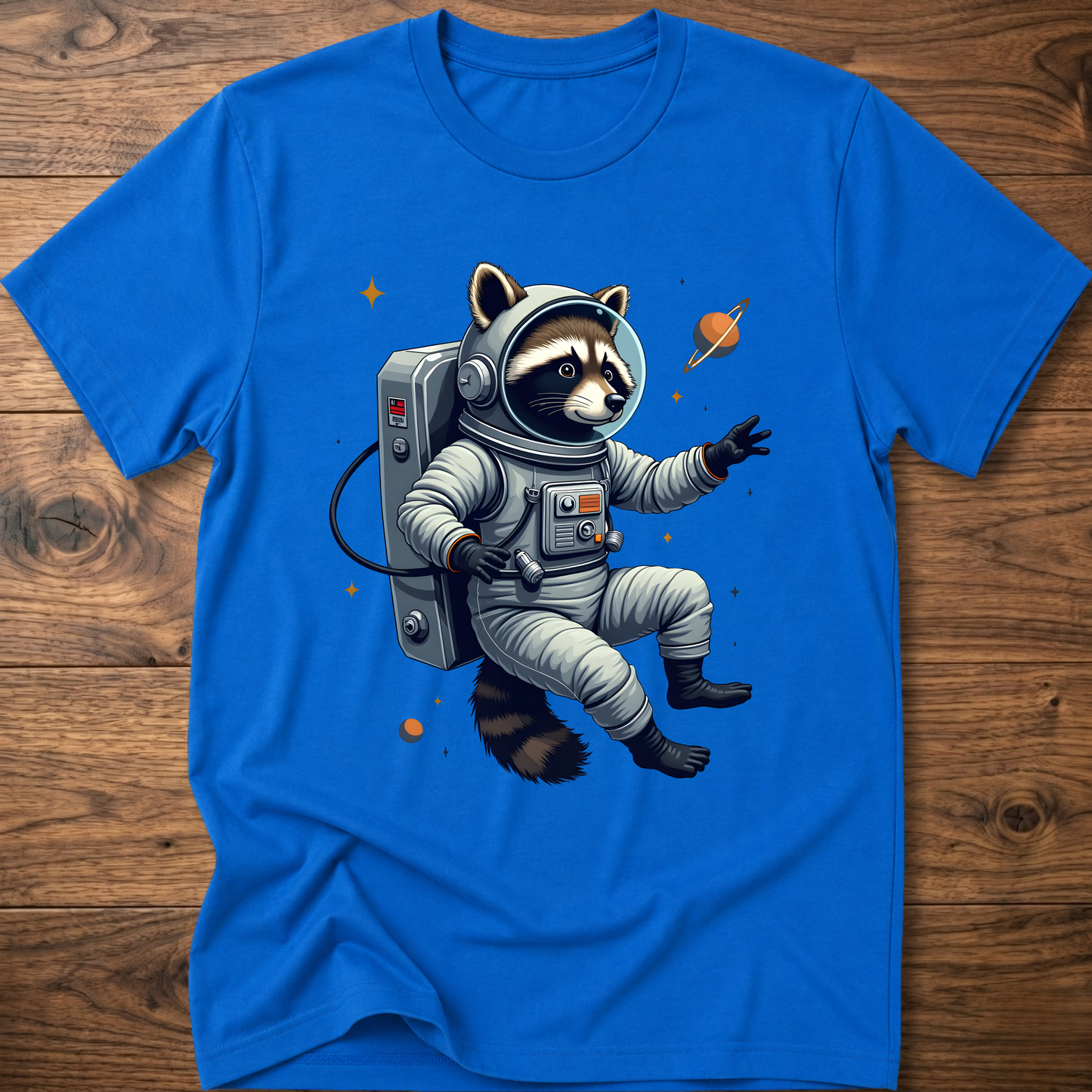 Royal blue crewneck T-shirt with astronaut raccoon space graphic