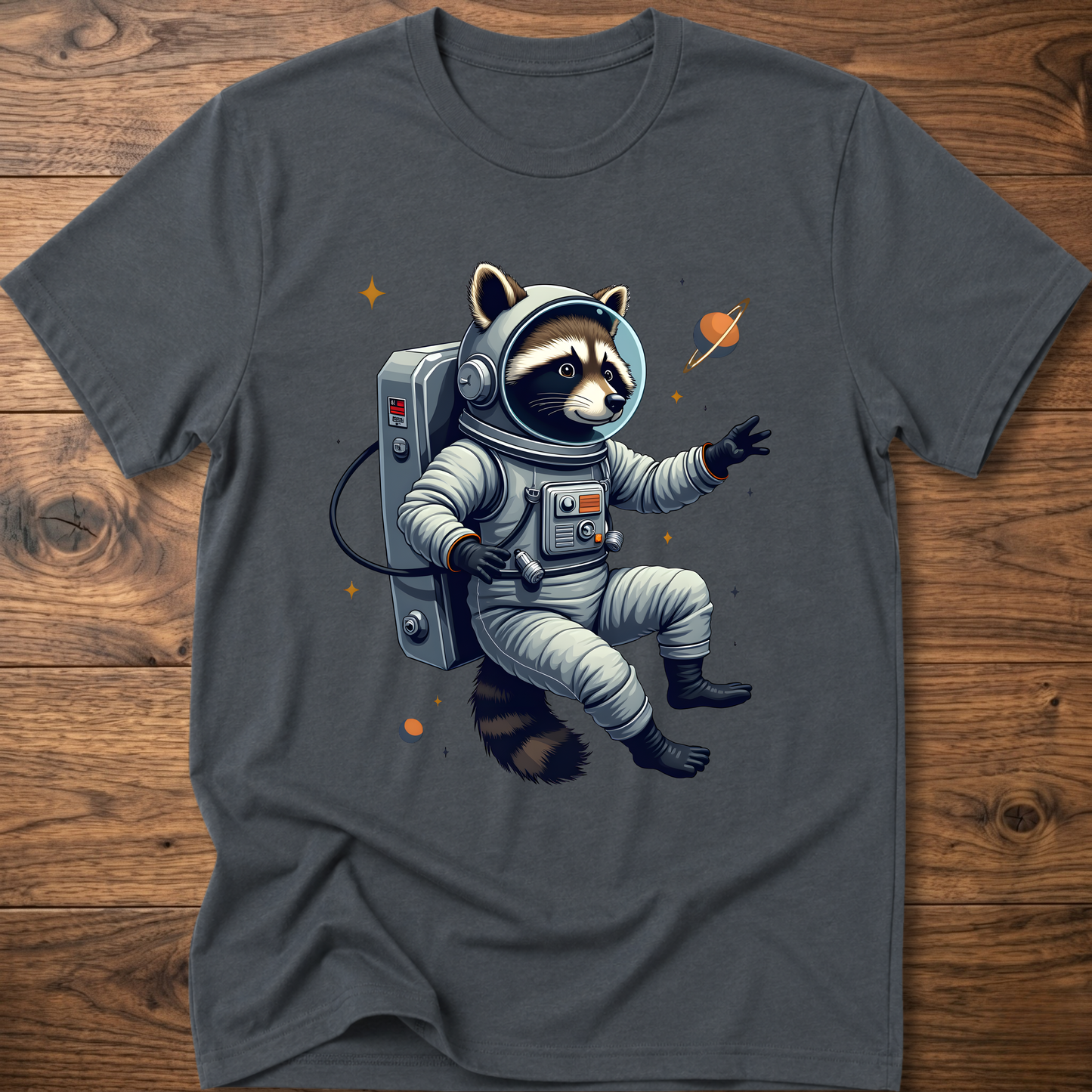 Dark charcoal crewneck T-shirt with astronaut raccoon space graphic