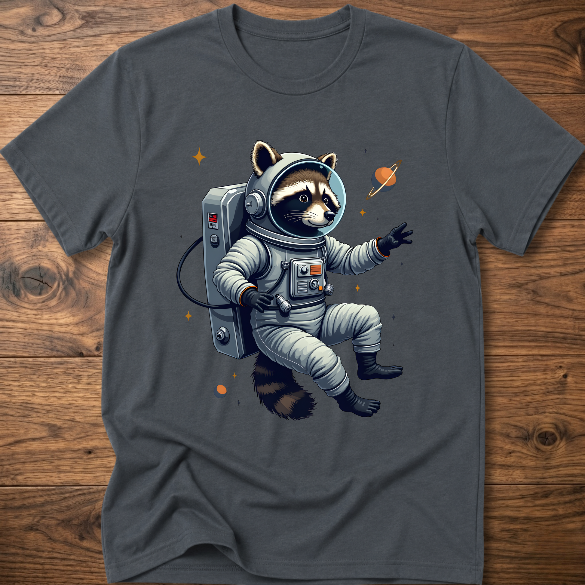 Dark charcoal crewneck T-shirt with astronaut raccoon space graphic