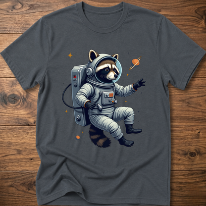 Dark charcoal crewneck T-shirt with astronaut raccoon space graphic