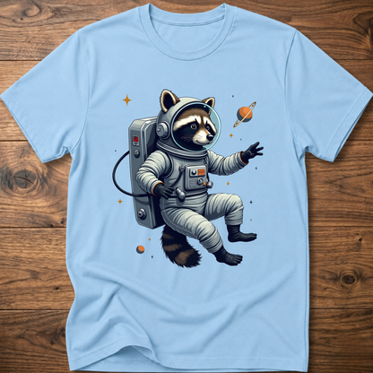 Light blue crewneck T-shirt with astronaut raccoon space graphic