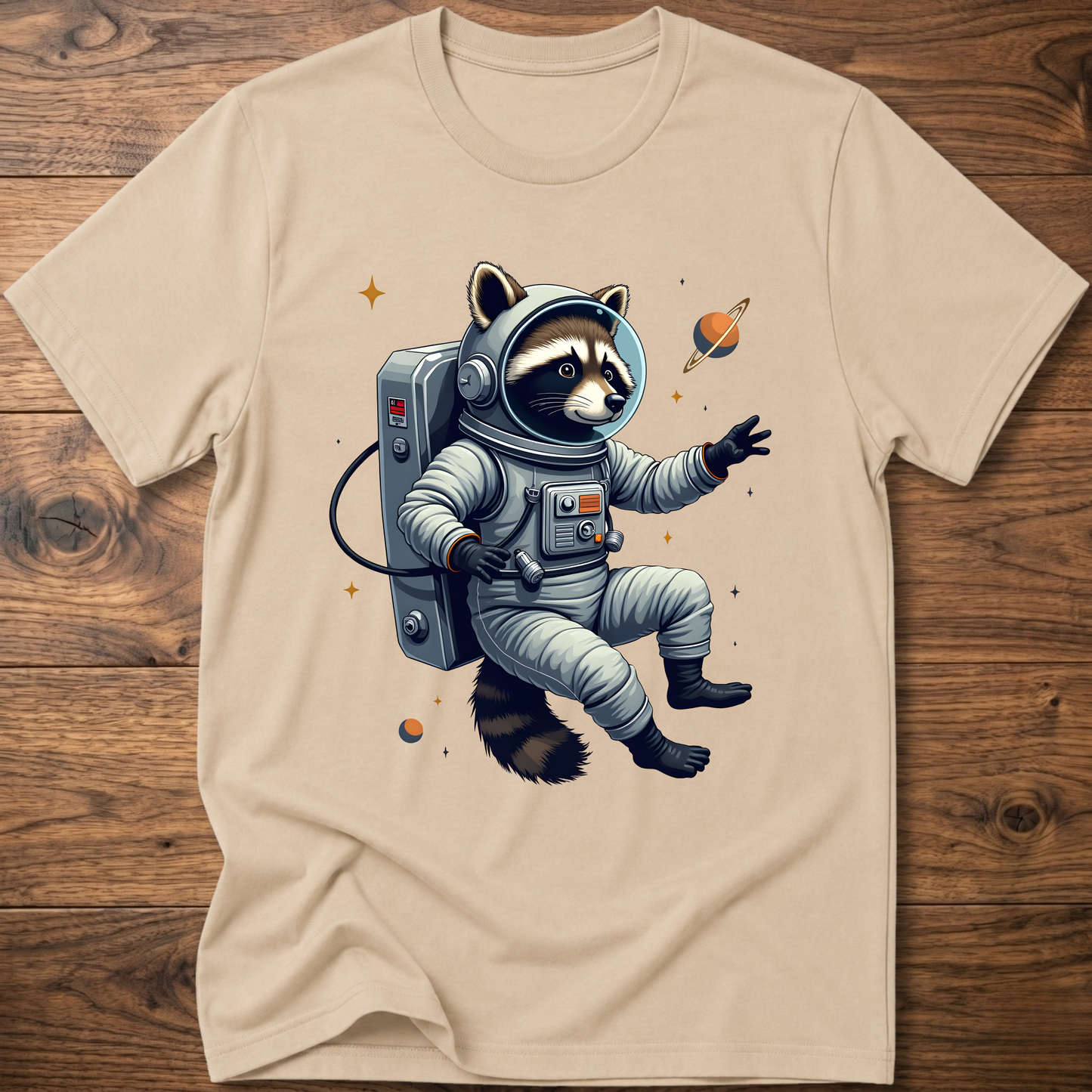 Sand beige crewneck T-shirt with astronaut raccoon space graphic