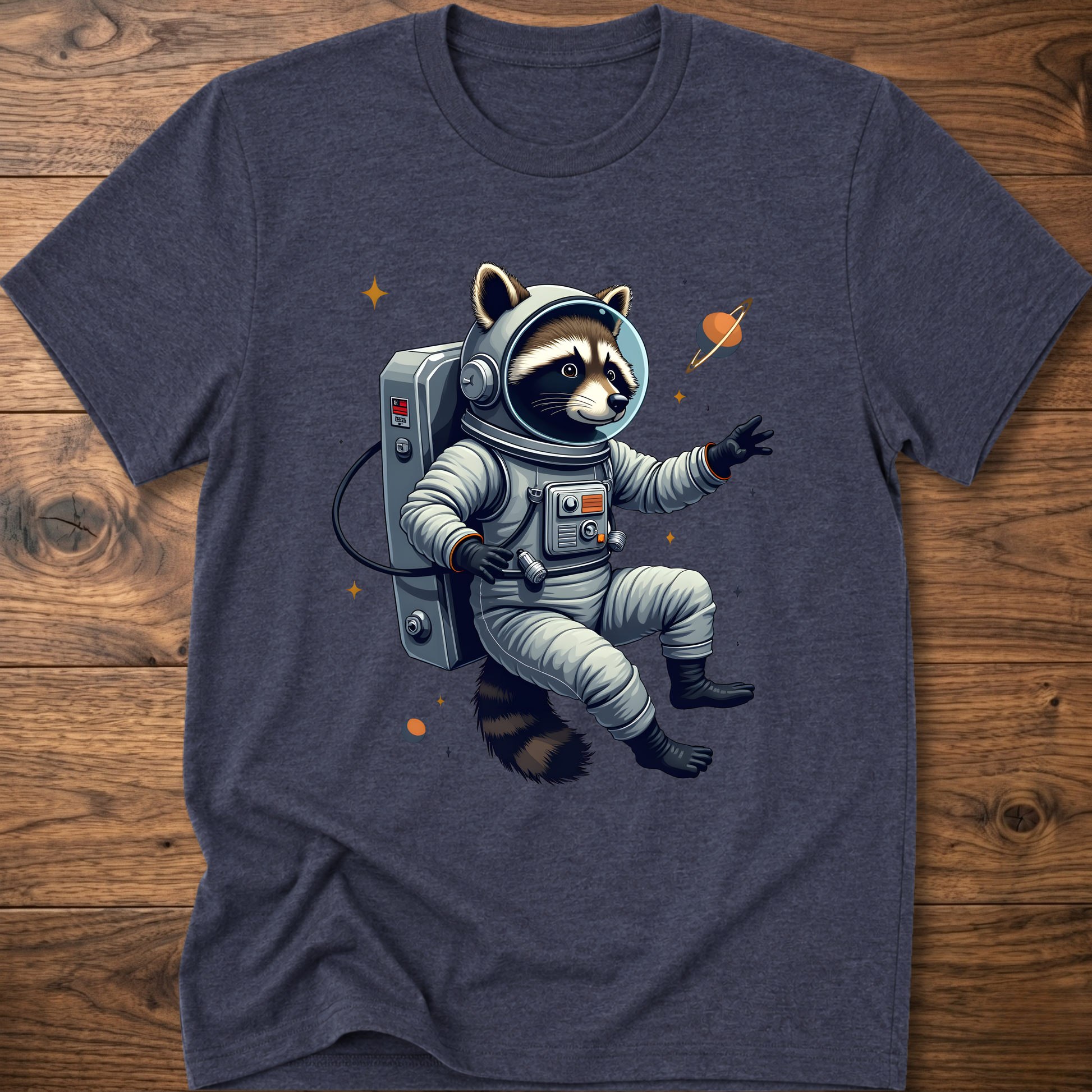 Heather navy crewneck T-shirt with astronaut raccoon space graphic