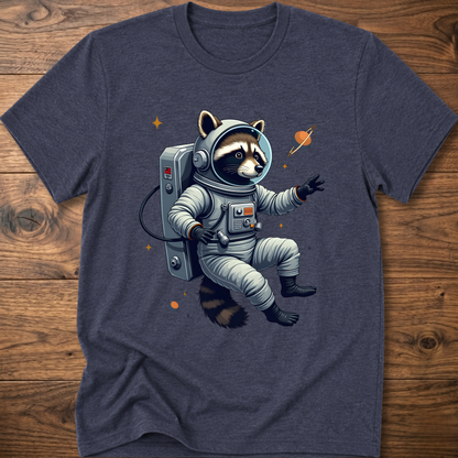 Heather navy crewneck T-shirt with astronaut raccoon space graphic
