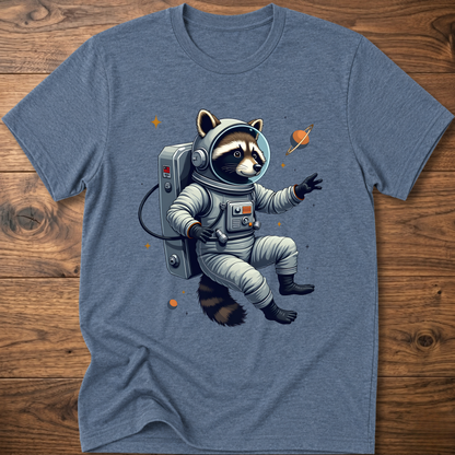 Dark heather gray-blue crewneck T-shirt with astronaut raccoon space graphic