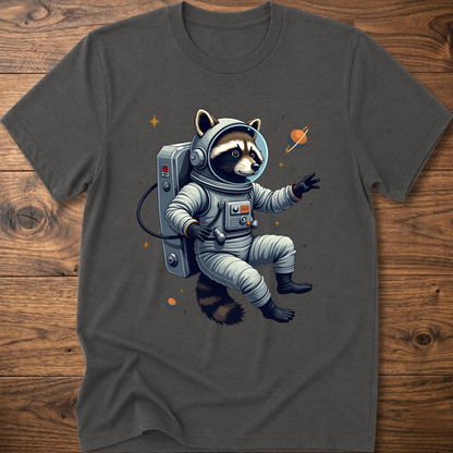 Charcoal gray crewneck T-shirt with astronaut raccoon space graphic