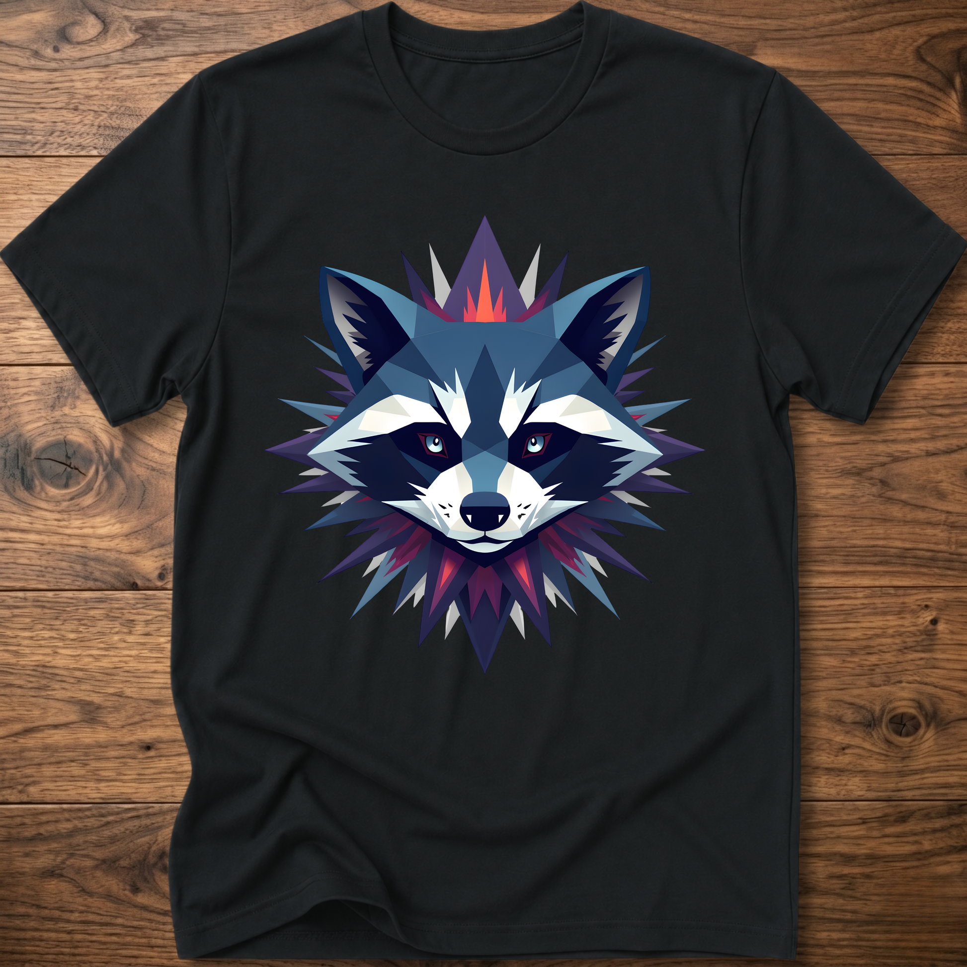 Black raccoon graphic t-shirt with colorful galaxy raccoon face front print