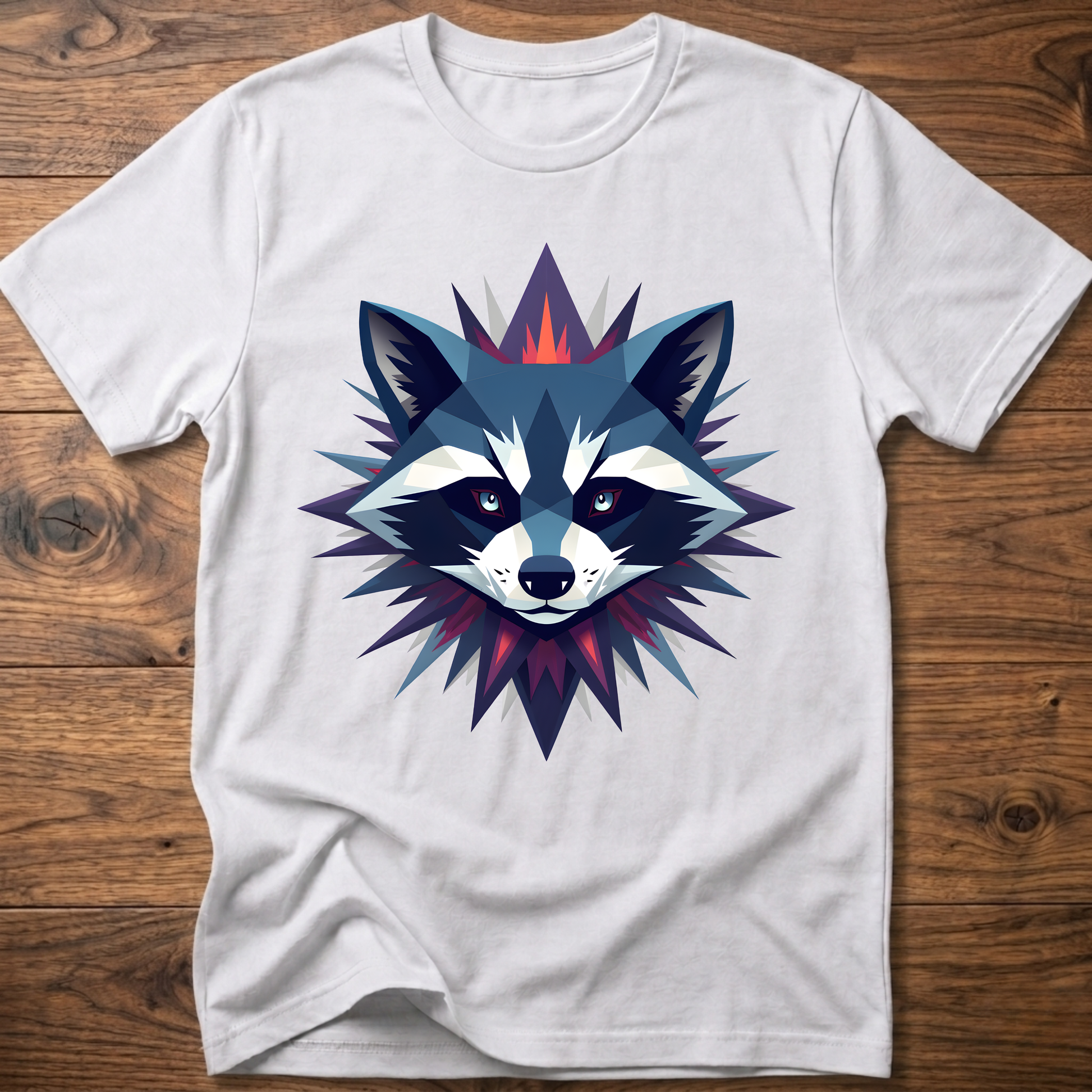 White raccoon graphic t-shirt with colorful galaxy raccoon face front print
