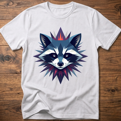 White raccoon graphic t-shirt with colorful galaxy raccoon face front print