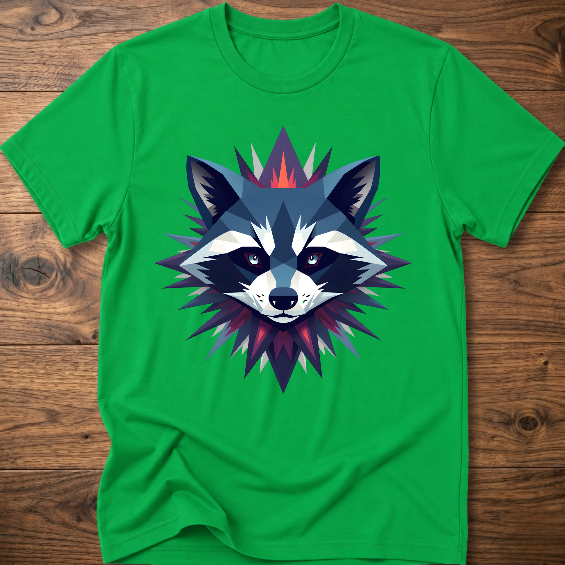 Irish green raccoon graphic t-shirt with colorful galaxy raccoon face front print
