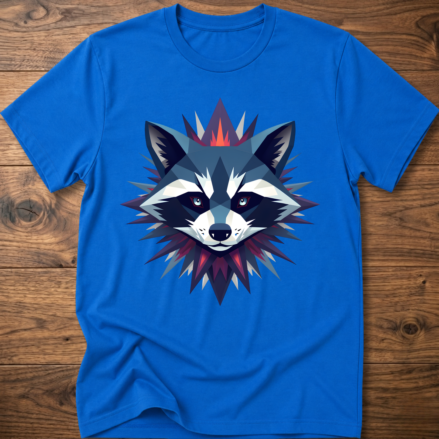 Royal blue raccoon graphic t-shirt with colorful galaxy raccoon face front print