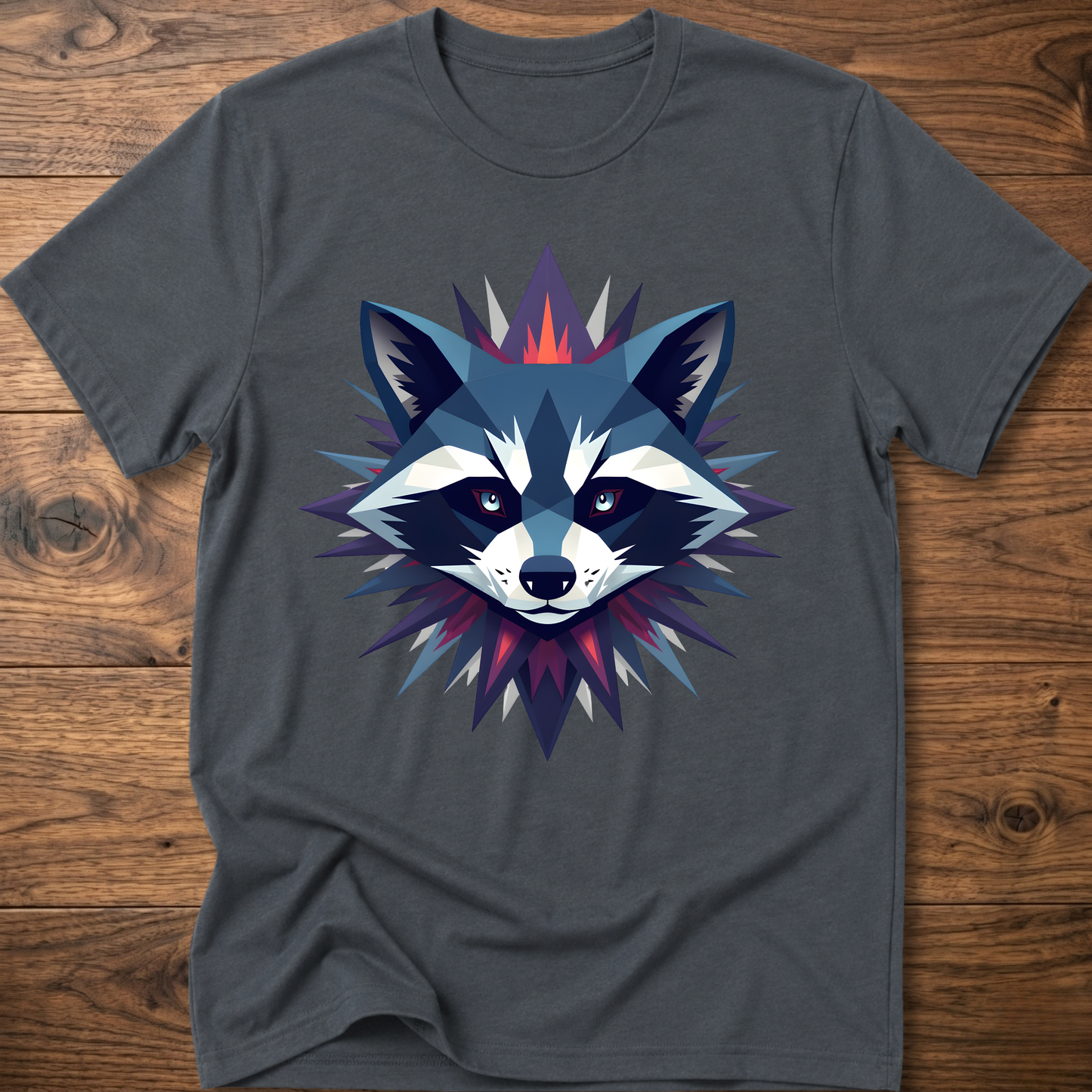 Charcoal raccoon graphic t-shirt with colorful galaxy raccoon face front print