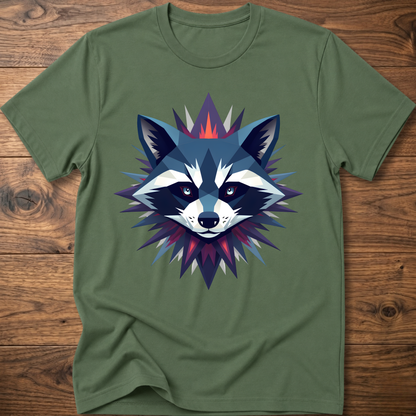 Military green raccoon graphic t-shirt with colorful galaxy raccoon face front print