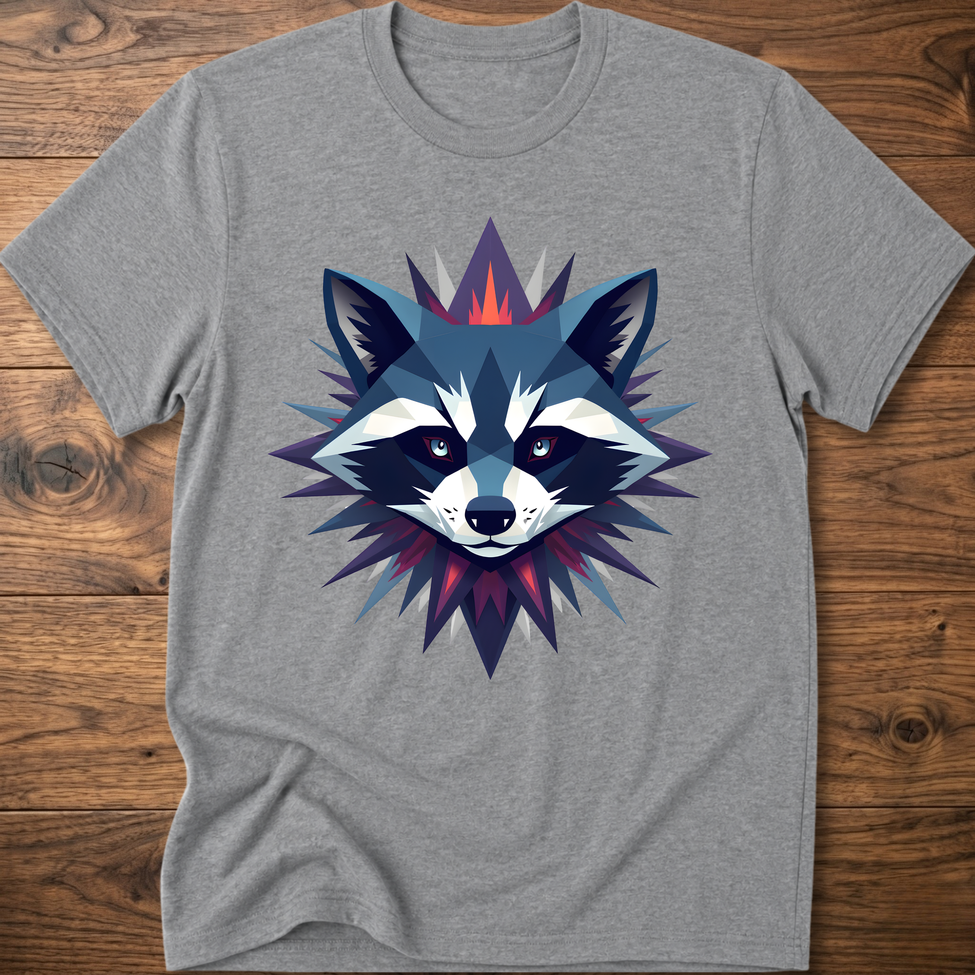 Light gray raccoon graphic t-shirt with colorful galaxy raccoon face front print