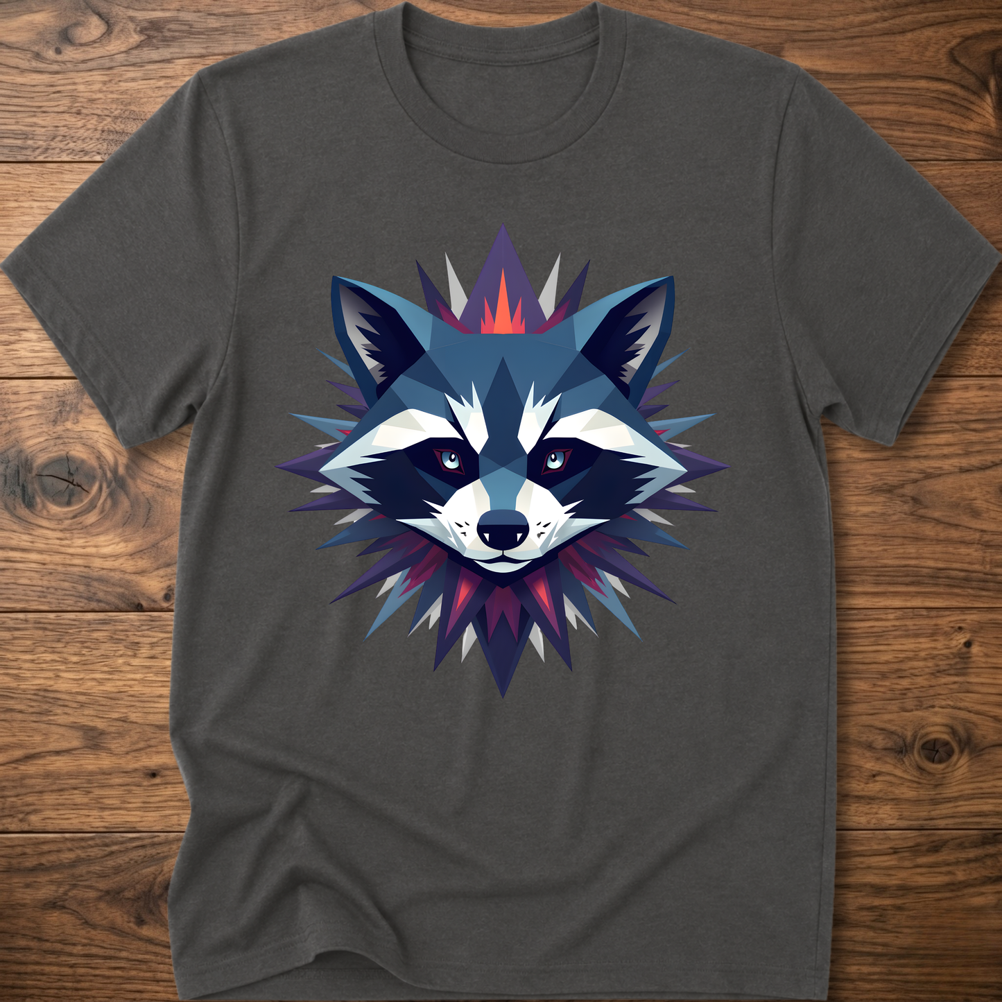 Charcoal raccoon graphic t-shirt with colorful galaxy raccoon face front print